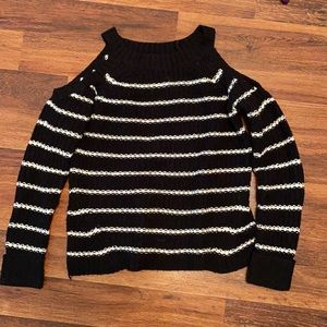 Black and White Striped Cold Shoulder Sweater